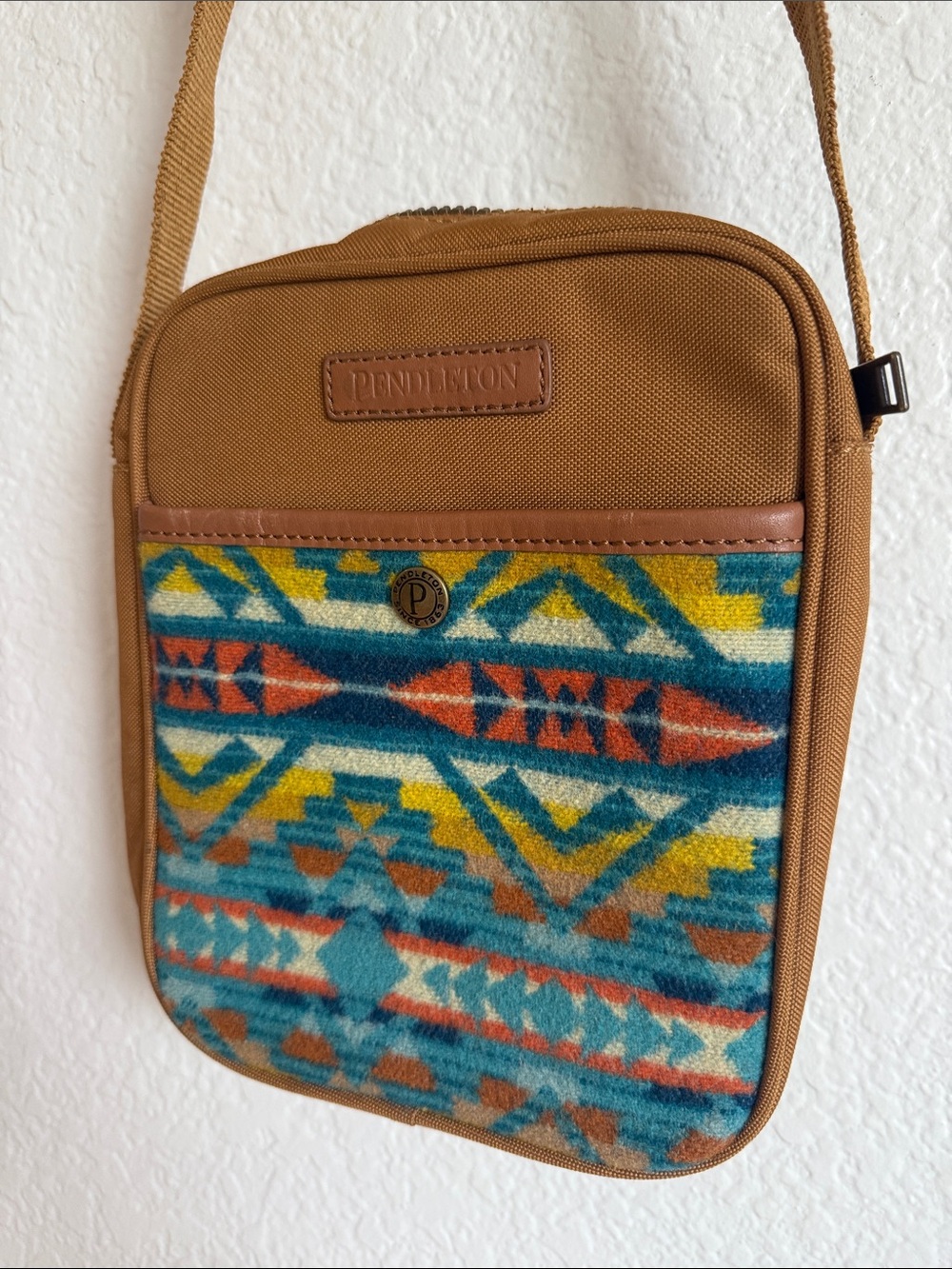 Pendleton Tan Messenger Bag with Blue, Yellow & Red Aztec Panel